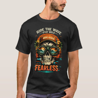 Fearless Skull Surf T-Shirt Retro Glitch Design 