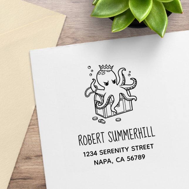 Fearsome Octopus Guarding Treasure Chest Address Rubber Stamp (Creator Uploaded)