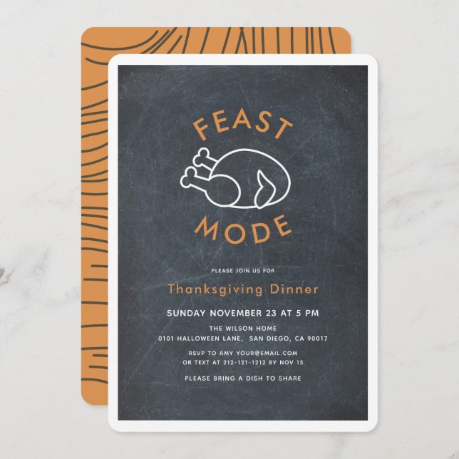 Feast Mode Turkey Chalkboard Thanksgiving Dinner Invitation (Front/Back)
