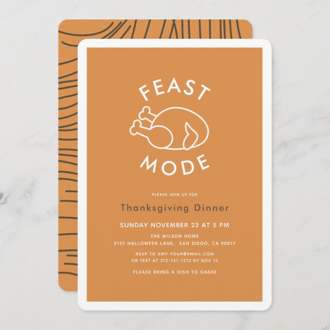 Feast Mode Turkey Orange Thanksgiving Dinner Invitation (Front/Back)