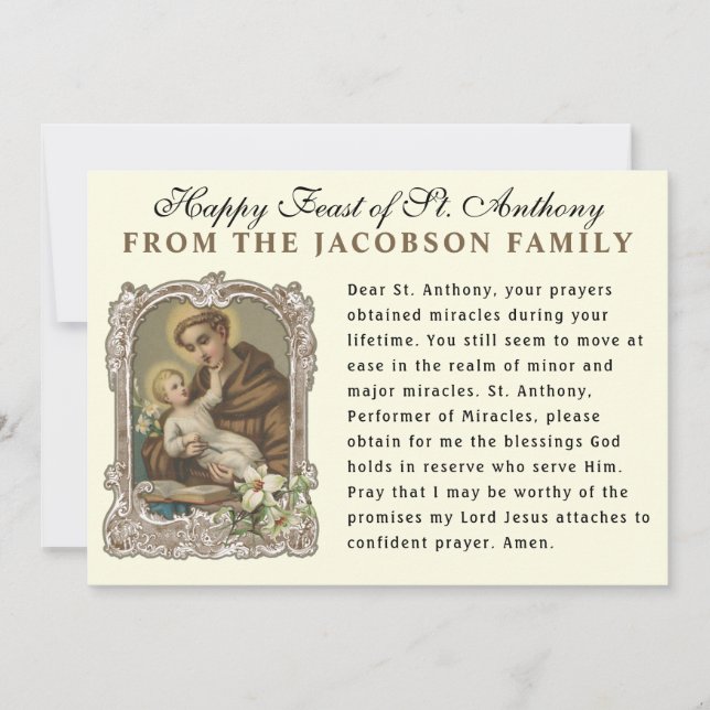 Feast of St. Anthony Padua Catholic  Prayer Card (Front)
