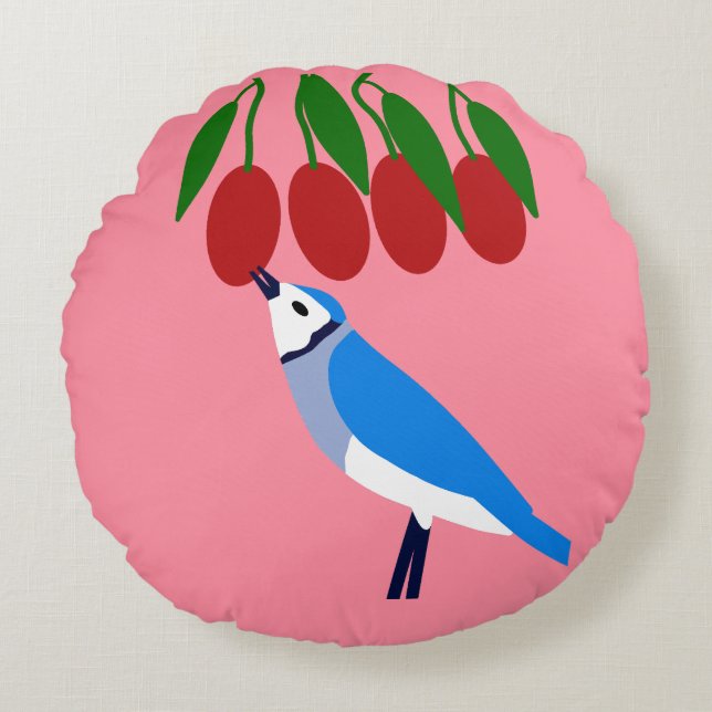 Feasting Blue Jay Round Pillow (Front)