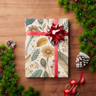 Feather and Wildflower Botanical Pattern Wrapping Paper