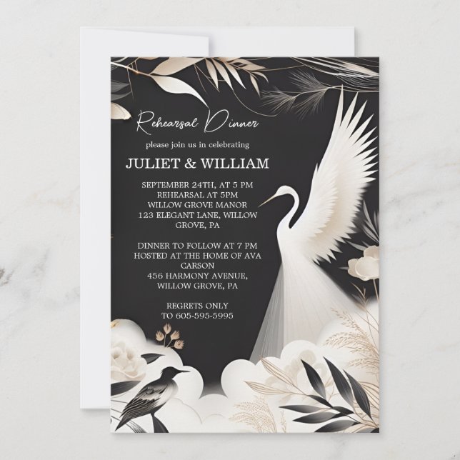 Feather Asian Sky Cloud Crane Fun Rehearsal Dinner Invitation (Front)