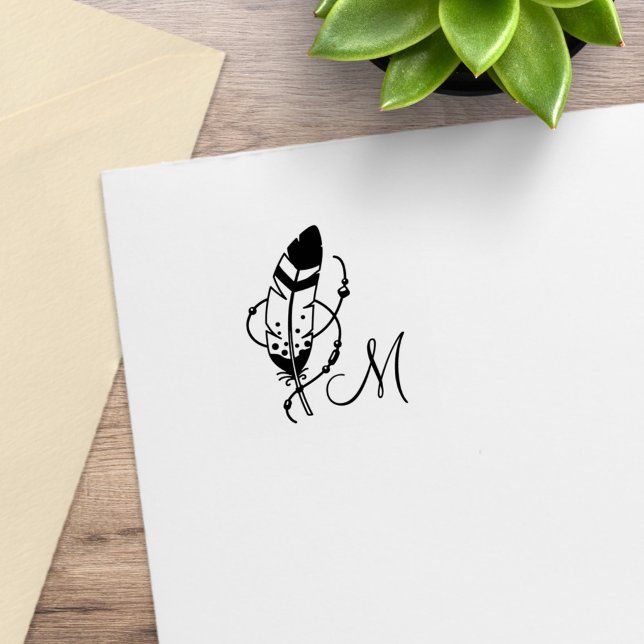 Feather Beads Tribal Boho Amulet Monogram 1x1 Rubber Stamp (Creator Uploaded)