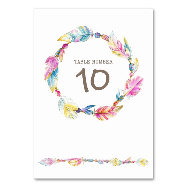 Feather beads wreath watercolor art table numbers (Front)