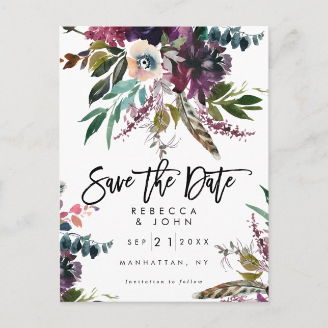 feather boho floral wedding save the date card (Front)