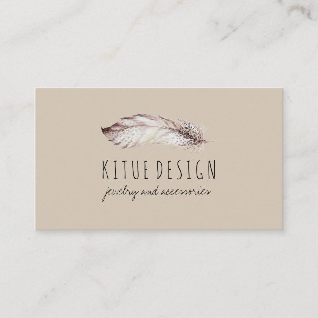 Feather Boho Girly Feminine Beige Grey Business Card (Front)