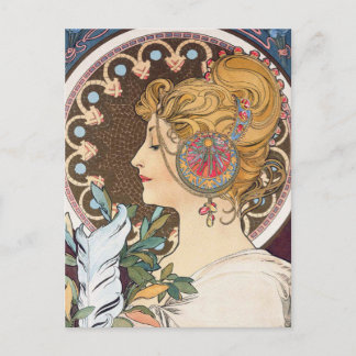 Feather by Alphonse Mucha - Vintage Art Nouveau Postcard