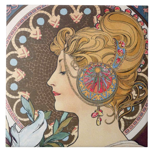 Feather by Alphonse Mucha - Vintage Art Nouveau Tile (Front)
