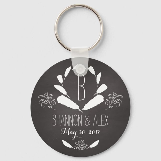 Feather Chalkboard Monogram Wedding Date Key Ring (Front)