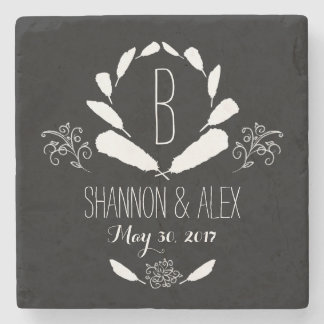 Feather Chalkboard Monogram Wedding Date Stone Coaster