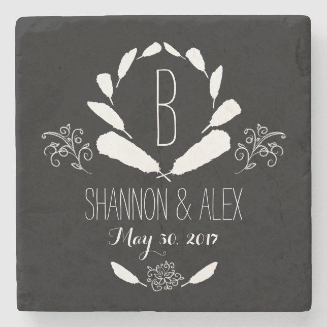 Feather Chalkboard Monogram Wedding Date Stone Coaster (Front)