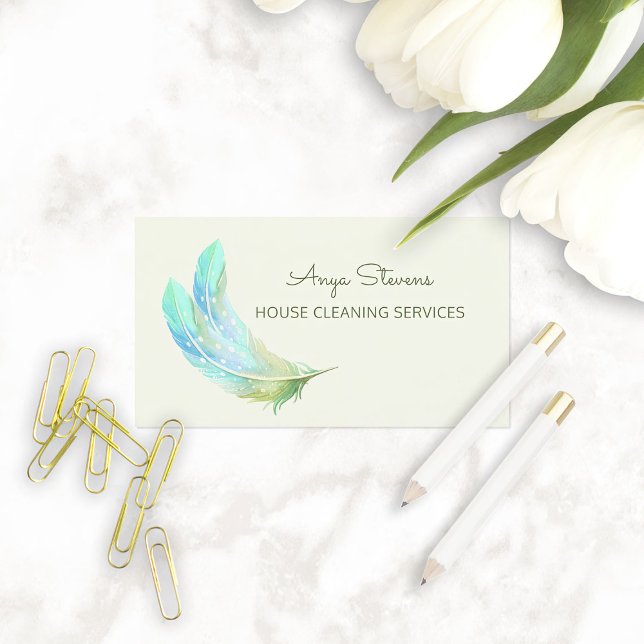 Feather House Cleaning Business Card (Boho Green Feathers House Cleaning Services Business Cards)