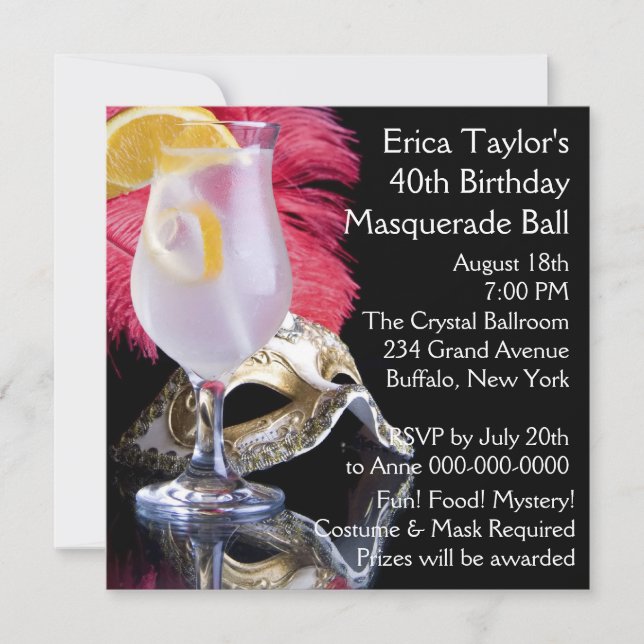 Feather Mask 40th Birthday Masquerade Party Invitation (Front)