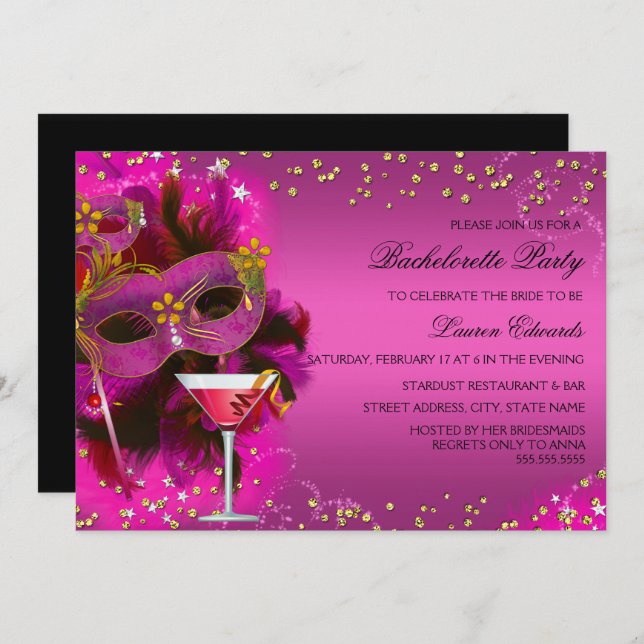 Feather Mask Masquerade Bachelorette Party Invite (Front/Back)