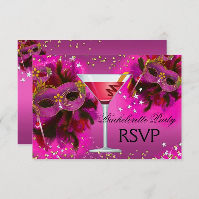 Feather Mask Masquerade Bachelorette RSVP Invitation (Front/Back)