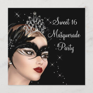 Feather Mask Tiara Sweet 16 Masquerade Party Invitation