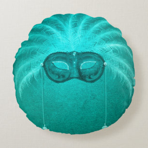 Feather masquerade mask elegant vintage teal round cushion