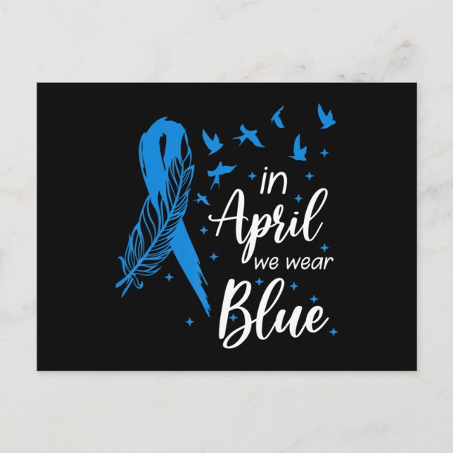 Feather Ribbon Autism In April We Wear Blue Autism Postcard (Front)