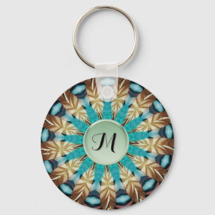 Feather Teal, brown, blue and Green Mandala Key Ring