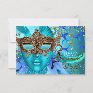 Feather Teal Gold Mask Masquerade Party RSVP Card