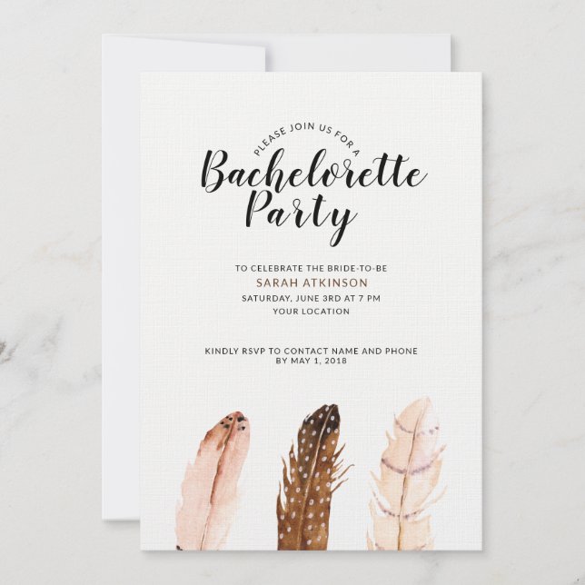 Feather Watercolor Bachelorette Party Invitation (Front)