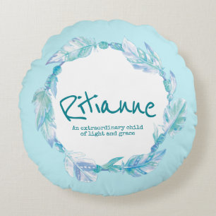 Feather watercolor name meaning Ritianne aqua Round Cushion