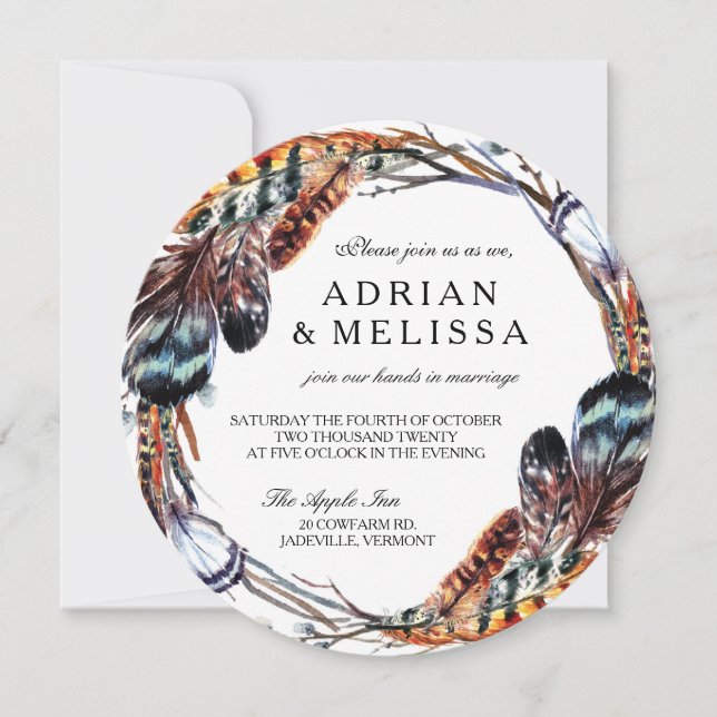 Feather Wedding Invitation 5.25 x 5.25 Circle (Front)