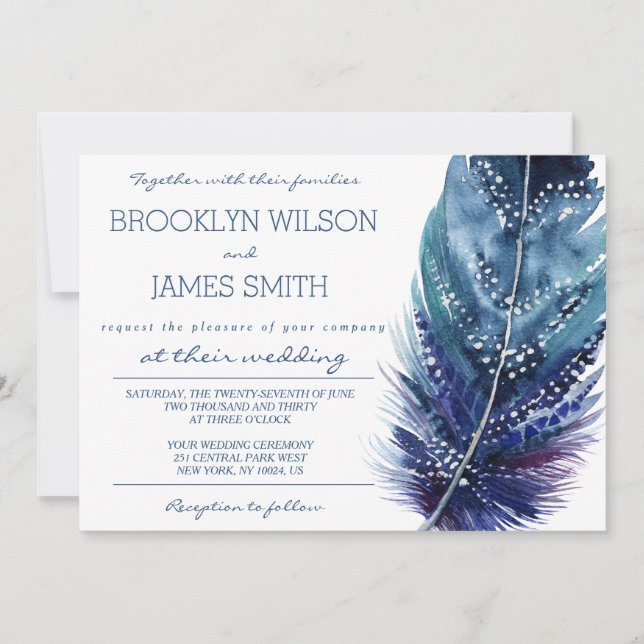 Feather Wedding Invitations Blue And Purple (Front)