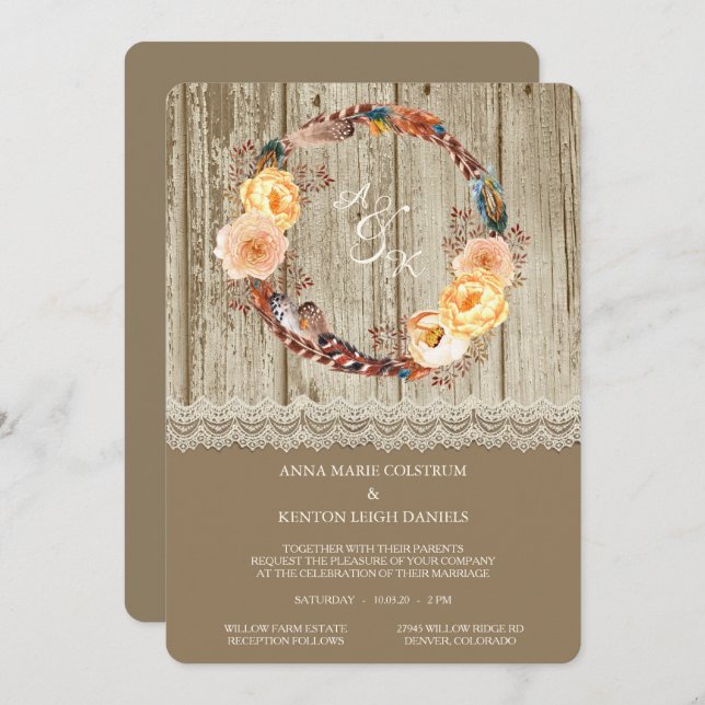 Feather Wreath Rustic Wood Wedding Invitation (Front/Back)