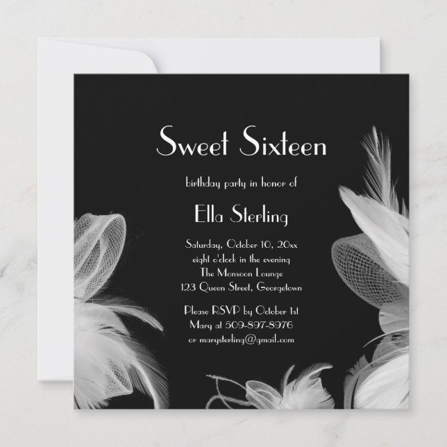 Feathered 1920's Sweet 16 Birthday Invitation (Front)