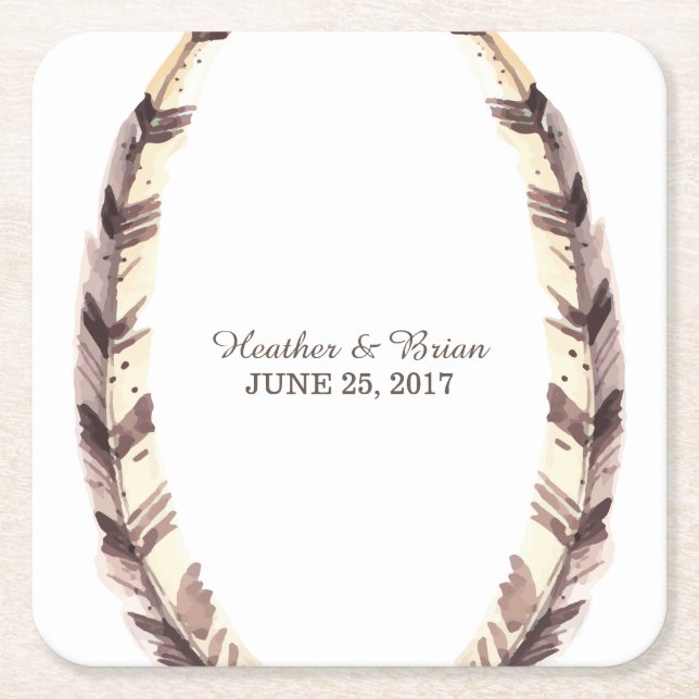 Feathered Border Wedding Paper Coasters (Front)