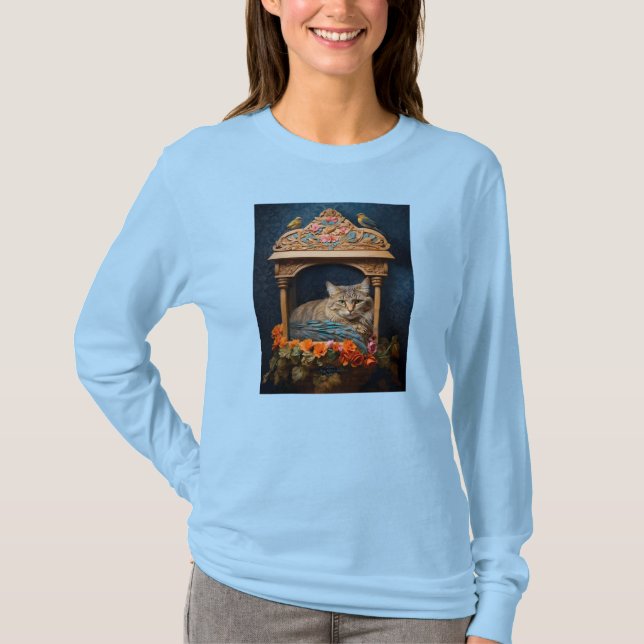 Feathered Tabby in Decorative Box and Flowers T-Shirt (Front)