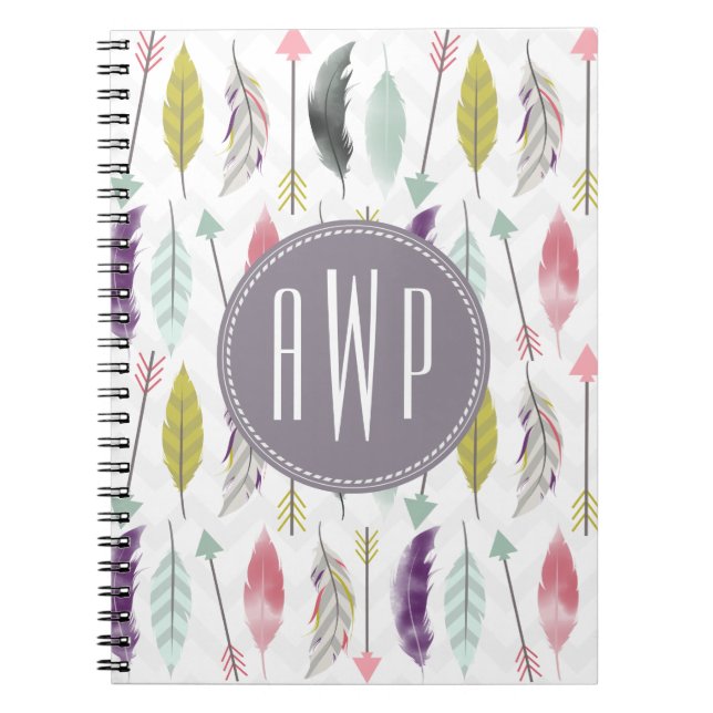 Feathers and Arrows Monogram Spiral Notebook (Front)