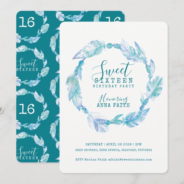 Feathers aqua watercolor sweet sixteen invitations (Front/Back)