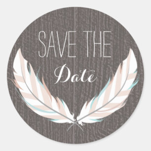 Feathers + Barn Wood Save The Date Sticker