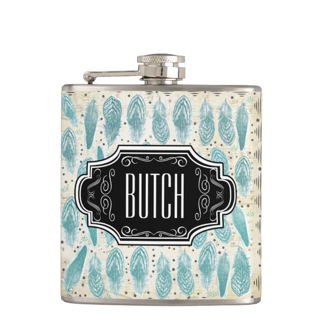 Feathers Black and Tan Hipster Pattern Hip Flask (Front)