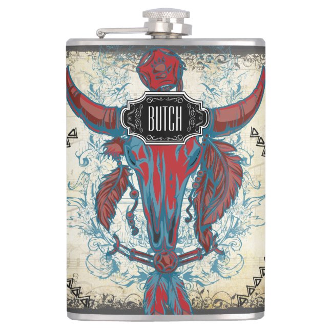 Feathers Black Red Blue Cow Skull Floral Tribal Hip Flask (Front)