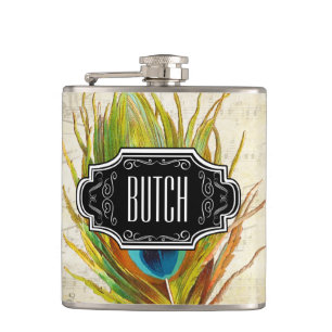Feathers Black Red Yellow Hipster Pattern Hip Flask