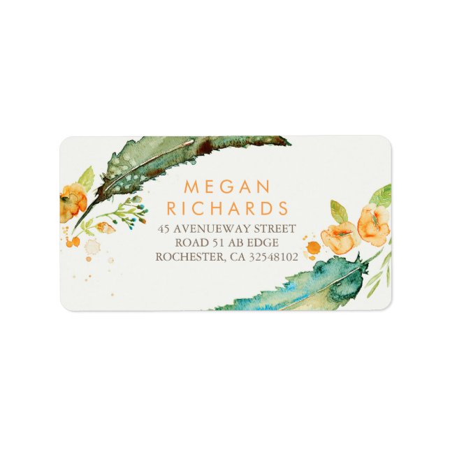 Feathers Bohemian Romantic Teal Wedding Label (Front)