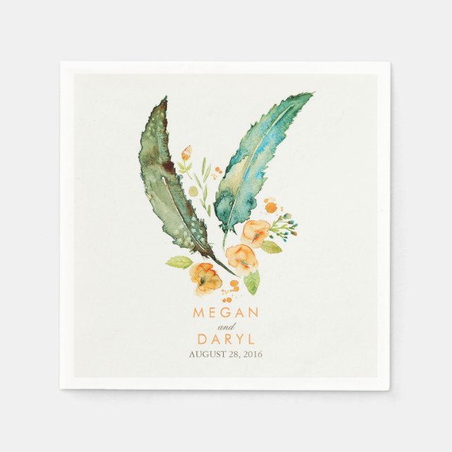 Feathers Bohemian Teal Wedding Napkin (Front)