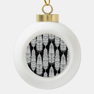 Feathers boho: black and white pattern ceramic ball christmas ornament