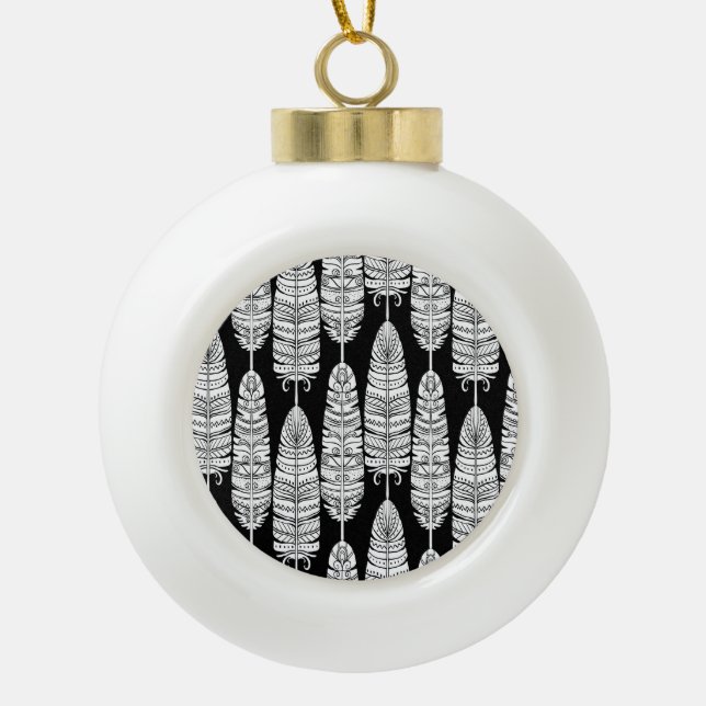 Feathers boho: black and white pattern ceramic ball christmas ornament (Front)