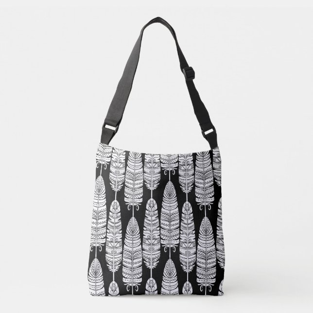 Feathers boho: black and white pattern crossbody bag (Front)