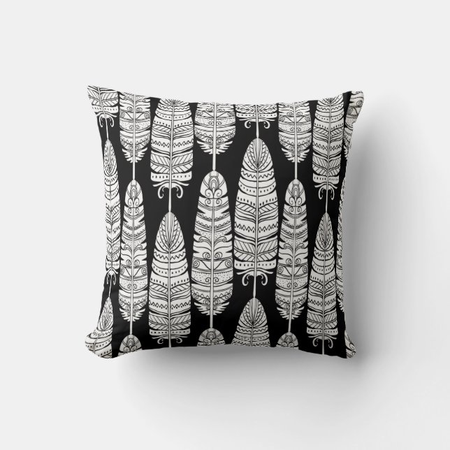 Feathers boho: black and white pattern cushion (Front)