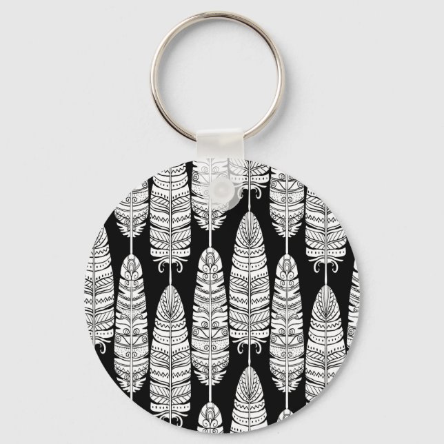 Feathers boho: black and white pattern key ring (Front)