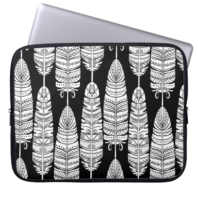 Feathers boho: black and white pattern laptop sleeve (Front)