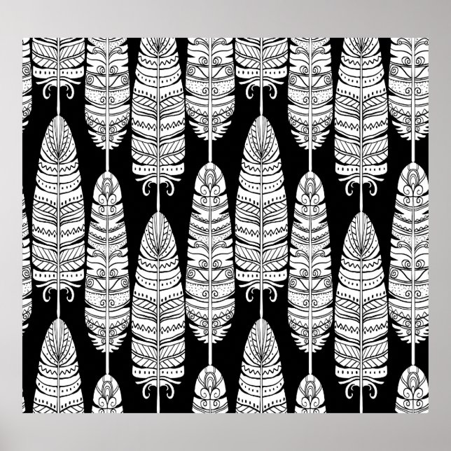 Feathers boho: black and white pattern poster (Front)