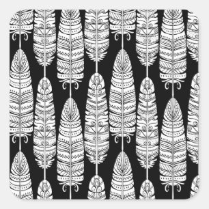 Feathers boho: black and white pattern square sticker
